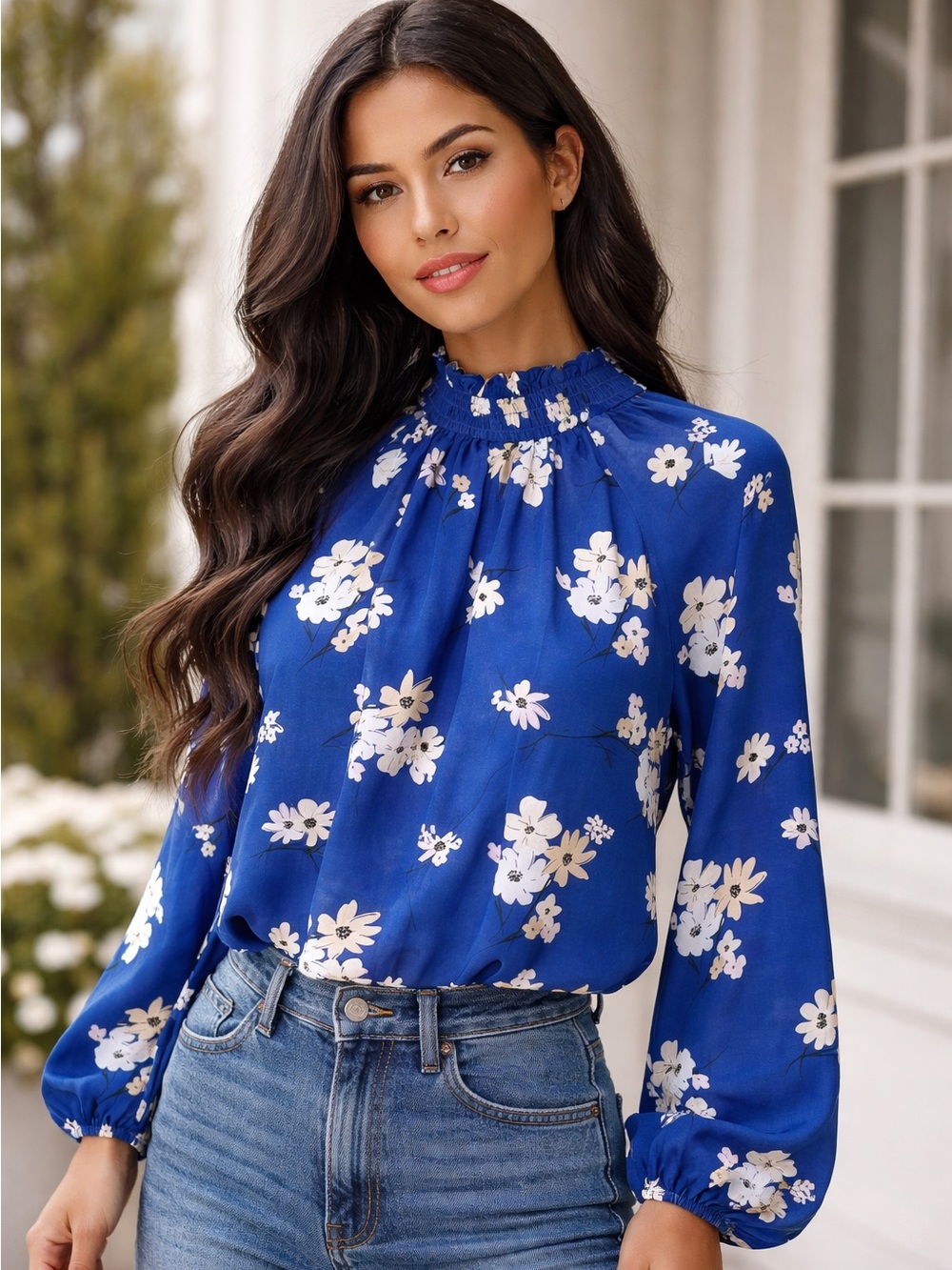 LOFT Royal Blue Floral Mock Neck Blouse medium petite